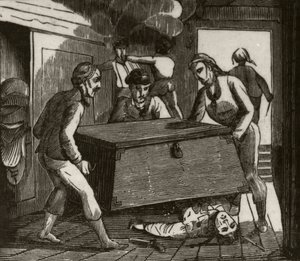 Gordon et ses compagnons pressant le capitaine français à mort avec un grand coffre, vers 1836