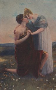 Carte de vœux historique avec motif historique, femme et guerrier du Moyen Âge - Unknown artist