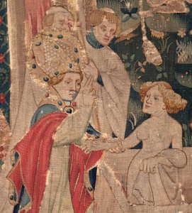 Histoire de Saint Piat et Saint Eleuthère, Scène 12: La résurrection de la fille du tribun (Comment Jehsucrist reclama le bon saint et ressuscita par chy la fille de tribun present son père et le commun). (détail).