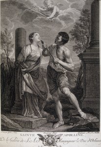 Sainte Apolline lors des persécutions se fait briser les dents car elle refuse de rendre hommage aux dieux romains. Gravure du XVIIe siècle - Unknown artist