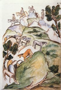 Gardiens de chevaux encerclant des juments dans les montagnes pour les attraper, du livre "Trujillo del Peru" ou "Códice Martínez Compañón", par Baltazar Martinez Compañón y Bujanda, évêque de Trujillo (1782-1785)