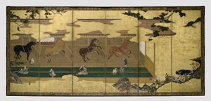 Chevaux dans les écuries (Umaya-zu byobu) - Unknown artist