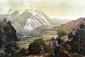 Humboldt et Bonpland traversent la montagne de Quindiu sur des chaises portées. Du voyage aux Andes par Alexander Von Humboldt (Alexandre de Humboldt)