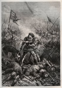 Guerre de Cent Ans : Jean II le Bon, roi de France, et son fils Philippe II de Bourgogne (1342-1404), dit «Philippe le Hardi», combattant les Anglais à la bataille de Poitiers le 19/09/1356