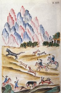 Chasse au chat sauvage dans les montagnes, du livre "Trujillo del Perú" ou "Codex Martínez Compañón", par Baltazar Martínez Compañón y Bujanda, évêque de Trujillo (1782-1785)