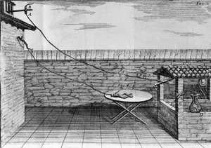 Illustration des expériences de Luigi Galvani, physicien et médecin italien (1737 - 1798) expliquant le passage du courant électrique faisant bouger les pattes d