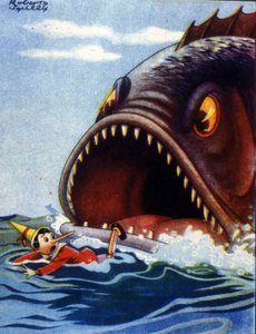 Illustration du conte Pinocchio de Carlo Collodi. Un énorme poisson est sur le point de manger Pinocchio.