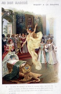 Illustration du conte "Riquet à la houppe" par Charles Perrault (1697) : la fée annonce à la reine que la princesse qui vient de naître sera aussi stupide que belle. Affiche "Au bon marché" du 19ème siècle.