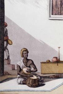 Culture et civilisation indiennes : musicien jouant des tablas, instrument de musique traditionnel, Inde. Gravure de 1808.