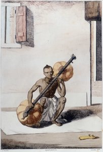 Culture, civilisation et société indiennes : musicien avec instrument à cordes traditionnel indien. Gravure de 1808. - Unknown artist