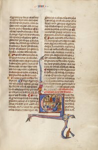 Initial E : Un homme avec des enfants devant un juge et un vieil homme dans son lit de malade qui dicte à un autre homme - Unknown artist