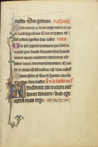 Initial E : La Vierge Marie et un apôtre en conversation