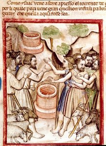 Isaac creuse des puits dans la vallée de Guerar et les bergers de la vallée lui cherchent querelle Miniature tirée du codex 212 (ou codex padovano ou Bible de Padoue) - Unknown artist
