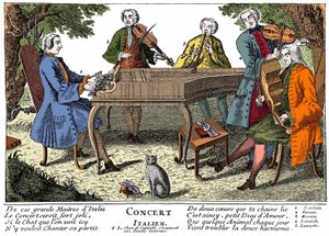 Concert italien (musique baroque) avec 1. Scarlatti (clavecin) - 2. Giuseppe Tartini (violon) - 3. Père Martini (Giovanni Battista) (flûte) - 4. Locatelli (violon) - 5. Lanzetti (alto) - 6. Chat chantant. Gravure du 18e siècle - Unknown artist