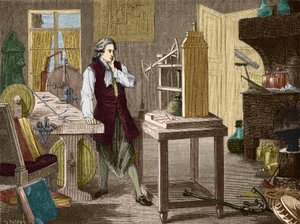 James Watt étudiant le perfectionnement de la machine de Newcomen (1767) - dans « Album de la Science; scientifiques illustres; Grandes découvertes » 1896 - Unknown artist