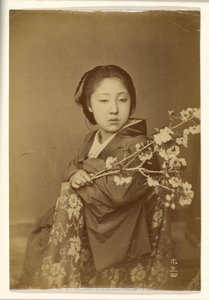 [Femme japonaise tenant une branche de prunus en fleur].