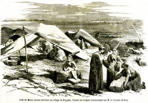 Juifs du Maroc venant se réfugier à Algesiras en Espagne au milieu du 19e siècle (gravure)