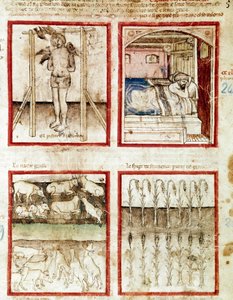 Joseph interprète les rêves du boulanger qui finit décapité. En haut à droite, le pharaon rêve des sept vaches grasses, prémonition des années d
