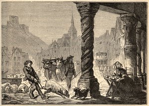 La grande rue un jour de marché à Dol de Bretagne - gravure dans « PATRIE - DESCRIPTION PICTURESQUE DE LA FRANCE EN 6 VOLUMES » par Lucien Huard - fin du 19ème siècle