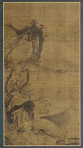 Paysage : montagnes et eau ; une figure sous un pin