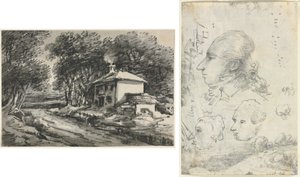 Paysage avec cottage (recto); Études de têtes (verso) - Unknown artist