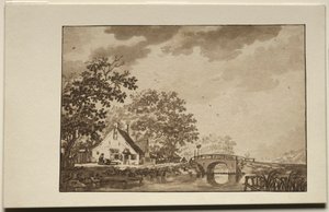 Paysage avec chalet et pont