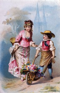 Petit jardinier : un jeune garçon avec une brouette pleine de fleurs parle avec une jeune femme sur le chemin d