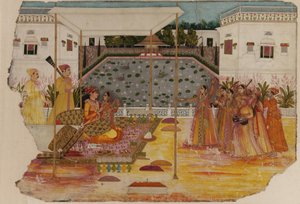 Amoureux sur une terrasse de jardin; musiciens et serviteurs