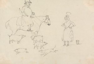 Homme à cheval, avec des cochons - Unknown artist