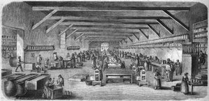 Fabrication de moutarde et de conserves chez Louit frères à Bordeaux. Salle des bouteilles et des emballages. Gravure de 1865