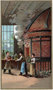 Fabrication de porcelaine : cuisson. Chromolithographie de la fin du XIXe siècle