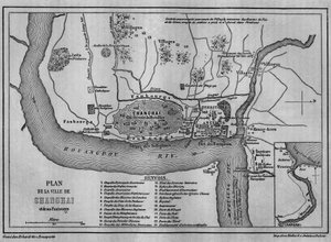 Carte de la ville de Shanghai en 1860, vue de la vieille ville chinoise et des concessions étrangères en 1860. Carte dans "Le Tour du Monde, Nouveau journal des Voyages", édité par Edouard Charton, Paris