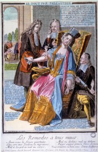 Médecine : « tout par précaution » Caricature représentant trois médecins entourant une jeune femme évanouie et offrant toutes sortes de traitements et remèdes. - Unknown artist