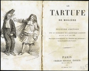 Molière effrayant un ecclésiastique avec un masque de théâtre - Frontispice du "Tartuffe" de Molière, éd. Hingray, Paris