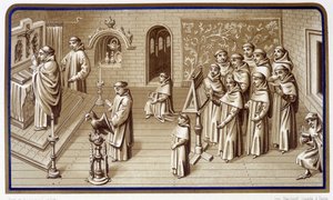 Moines dans une chapelle du monastère : prière et chœur. Grisaille des Miracles de Notre-Dame. Chromolithographie. 19ème siècle