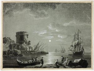 Scène au clair de lune dans un port de pêche - Unknown artist