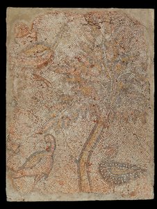 Fragment de mosaïque avec trois oiseaux et un arbre - Unknown artist