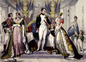 Dynastie napoléonienne de 1804 à 1815. Joséphine, Napoléon Ier, Roi de Rome, Marie Louise. Gravure du 19ème siècle