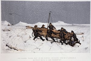Près de la rivière, Golfe du Saint-Laurent : bateau sur un traîneau, près de Brule et du Cap Tormentin - dans "Sketches of canadian sports and pastimes" de Lieut. Henry Buckton Laurence