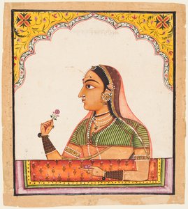 Noble femme à une fenêtre Jharokha tenant une rose, d