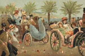 Ancienne coutume célébrée dans le comté de Nice : le corso fleuri à Nice. Chromolithographie de la fin du XIXe siècle.