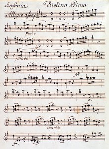Page de la partition pour le premier violon de la Symphonie n. 4 en ré, par Mozart (1765)