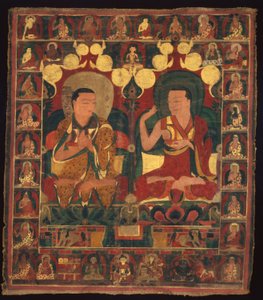 Bannière peinte (Thangka) de la peinture de la lignée de deux lamas en débat