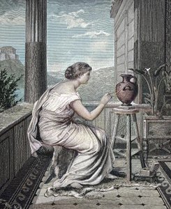 Peintre, artiste, jeune femme grecque peignant un vase, reproduction numérique d