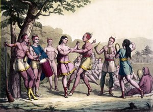 Scène de fête chez les Indiens Iroquois. Gravure du 17ème siècle.