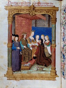 Pedro Marcuello présentant son livre au roi Philippe Ier de Habsbourg dit le Beau et à la reine Jeanne Ire la Folle de Castille. Miniature dans « Devocionario de la Reyna Da Juana a Quien Llamaron la Loca »