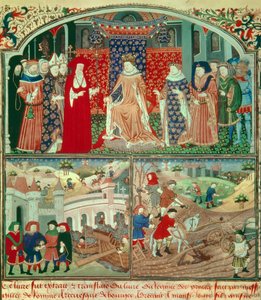 Philippe le Bel trônant (1268-1314) avec scène de labour et scène de marchand. Miniature dans « Livre du régime des princes » par Gilles de Rome (v.1247-1316), Paris, B N
