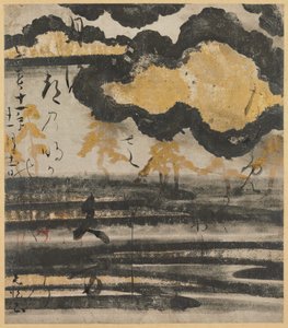 Carte de Poème du Shinkokin Wakashū (Nouvelle Collection de Poèmes Japonais Anciens et Modernes) avec Dessin de Pin sur une Plage - Unknown artist