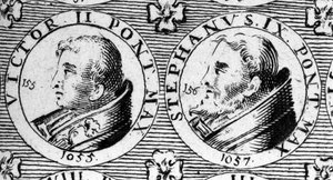 Papes Victor II (ou Victor 2 mort en 1057) et Étienne IX (ou Étienne 9 mort en 1058). Gravure du XVIIIe siècle. - Unknown artist