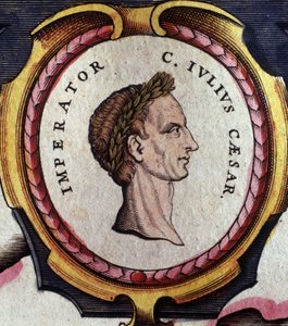 Portrait de Jules César (101 - 44 av. J.-C.), général et homme politique romain. Gravure de la fin du XVIIIe siècle. Milan.